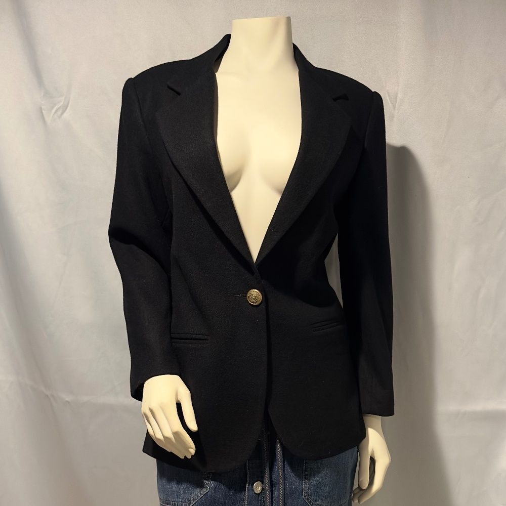 Vintage Black Blazer Wool Classic Preppy Single Breasted Jacket Size 8 Petite